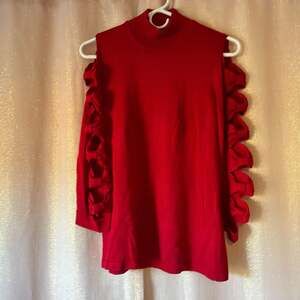 CeCe Red Mock Neck Bow Sleeve Cutout Sweater